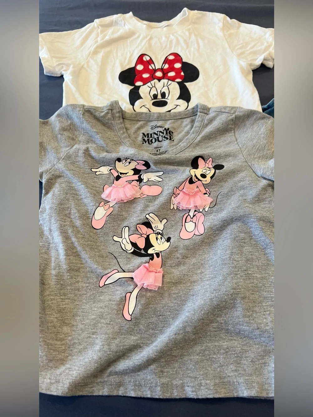 Girls Minnie Mouse Tee & Denim Pinafore Set - White, Gray, Blue with size 4T